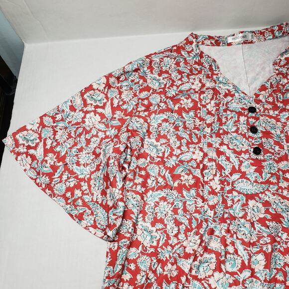 Hocosit Tunic Top Womens 2XL Red Floral Pleated Flutter Sleeve Bohemian Casual - Picture 12 of 15